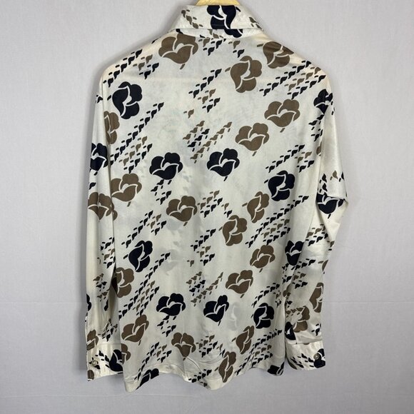 Vintage 70s Arrow Men M Disco Shirt Canada Brown Black Floral Groovy Satin - Picture 5 of 5